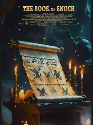 An artistic rendering presents a weathered scroll unfurled on a stone surface lit by candlelight. The scroll, featuring Hebrew script and stylized illustrations of figures, angels or demons, is positioned in the center of the image. The background suggests a dimly lit, cavernous space with indistinct shapes that could be figures and atmospheric effects behind the central scroll. Candles flank the scroll, adding warm, flickering light that contrasts with the darker tones overall. The title "THE BOOK OF ENOCH" is written in an elegant font at the images top.