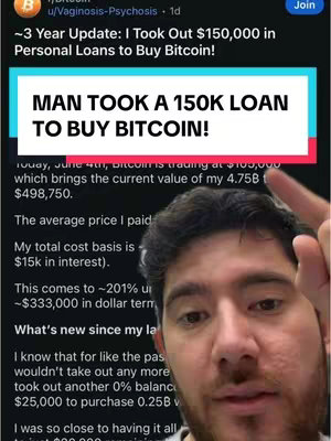 A selfie-style image of a man pointing upwards with his right index finger. The background includes a screenshot of text from a social media post about investing in Bitcoin. Overlaid on the image is text in a white box that reads 'MAN TOOK A 150K LOAN TO BUY BITCOIN!'