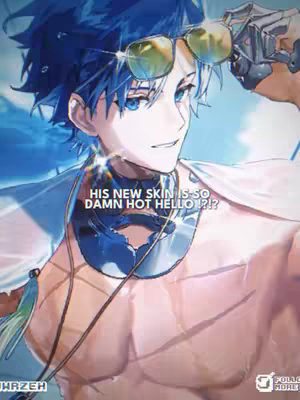 The cover image features an anime-style male character, with blue hair and sunglasses pushed up on his head. He has a slightly tanned complexion and is wearing what appears to be a white open shirt. The lighting is bright, with subtle highlights that create a look of being outdoors. Overlay text at the center highlights the character's new skin.