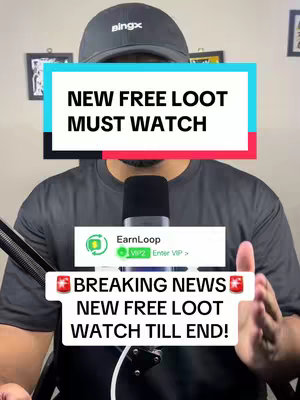 The cover image features a man centered in front of a microphone. He's wearing a black cap with the 'bingx' logo, a black t-shirt, and there are some framed pictures on the wall behind him. Overlaying the image are text boxes: the top one with 'NEW FREE LOOT MUST WATCH'; the second one mentions 'EarnLoop', the third one says 'BREAKING NEWS NEW FREE LOOT WATCH TILL END!' 