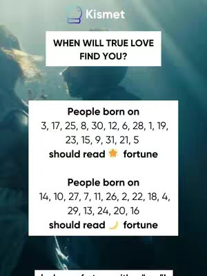 The cover image features the Kismet app logo at the top, followed by the title "WHEN WILL TRUE LOVE FIND YOU?" in a rectangular, white box. Below, text is organized within a white box, with a list of numbers related to dates of birth associated with different fortune readings. An image of two shadowy figures can be seen in the background.