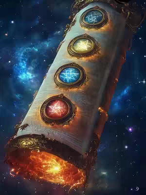 An artistic rendering of a scroll with glowing seals. The scroll is cylindrical, with detailed ornamentation and four circular seals in decorative frames along its length. Each seal contains a stylized design or symbol. The bottom of the scroll glows with fiery light. The background is a dark blue, filled with stars and nebulas suggesting a cosmic, celestial setting.