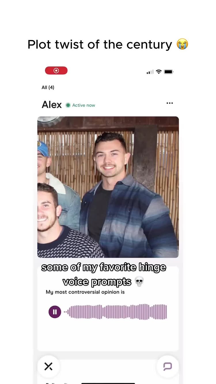 The cover image shows a smartphone screen featuring the Hinge dating app interface. The screenshot shows the profile of someone named Alex, who is labeled 'Active now.' Below the profile image of a man, the text reads 'some of my favorite hinge voice prompts.' The image is white background with the Hinge app interface overlay.