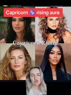 The cover image showcases a collage of four images of women, possibly celebrities, each representing a Capricorn rising sign. The top rectangle features text overlayed in a red box that begins with 'Capricorn'. Below, the text 'Capricorn Rising' appears. The bottom of the image shows a woman in a selfie format with an open mouth. The composition is symmetrical and uses neutral colors, with the top images being well-lit.