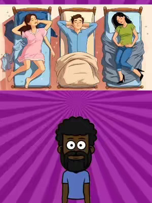 The image is divided into two sections. The upper section depicts three cartoon-style beds, each with a person in it. The bed on the left has a woman in a pink nightgown, the middle bed has a man, and the bed on the right has a woman in jeans and heels. Below this is a cartoon depiction of a man with a beard against the radiating purple lines background.