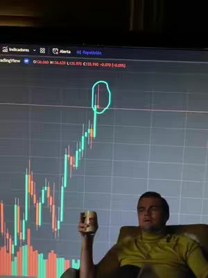 The cover image shows a man, potentially Leonardo DiCaprio, sitting in a chair. He is holding a mug and looking towards a computer screen displaying a stock chart. The chart is green to the left and red to the right, indicating price movements. A green circle highlights a specific point on the chart. The man is wearing a yellow turtleneck, and the lighting appears to be from the screen, with the background out of focus.