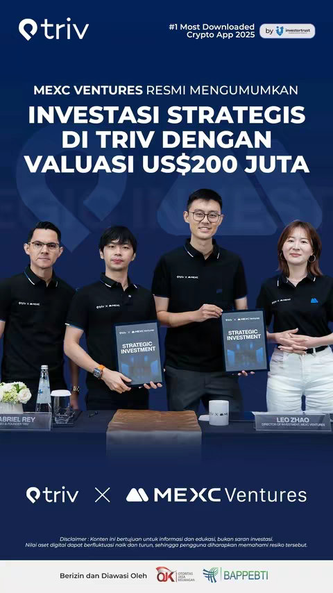 The cover image is a vertical graphic divided into two main sections. The upper section features the text 'MEXC VENTURES RESMI MENGUMUMKAN INVESTASI STRATEGIS DI TRIV DENGAN VALUASI US$200 JUTA' in a white, bold, sans-serif font against a dark blue background. The lower section holds a photo of four people, three men and one woman, dressed in black polo shirts. They are arranged in a line, each holding a black folder with white text reading 'STRATEGIC INVESTMENT'. The Triv and MEXC Ventures logos are at the bottom, along with supporting text. The graphic uses a professional and corporate aesthetic.