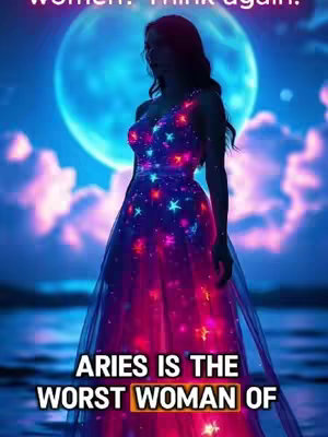 A vertical image shows a silhouetted woman in a flowing, sparkling gown against an ethereal background. The dress is intricately detailed with glowing stars and a gradient of purple to pink hues. The background features a large, glowing blue moon and wispy clouds, creating a dreamlike atmosphere. Text at the bottom reads 'ARIES IS THE WORST WOMAN OF'.