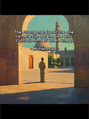 The image shows a painted-style courtyard with a man standing in the center, framed by archways. The color palette leans towards warm tones with a teal sky. Above, text overlays quote.