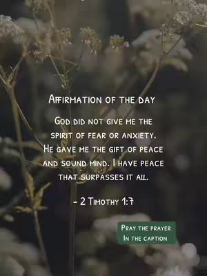 The image is a vertical graphic with a soft, blurred background featuring light green and white foliage. Overlaid on this is a block of text in a clean, sans-serif font that reads: 'AFFIRMATION OF THE DAY GOD DID NOT GIVE ME THE SPIRIT OF FEAR OR ANXIETY. HE GAVE ME THE GIFT OF PEACE AND SOUND MIND. I HAVE PEACE THAT SURPASSES IT ALL. - 2 TIMOTHY 1:7' At the bottom right, there's a small green rectangle with white text that says, 'PRAY THE PRAYER IN THE CAPTION'. The overall composition is simple, with the text being the main focus.