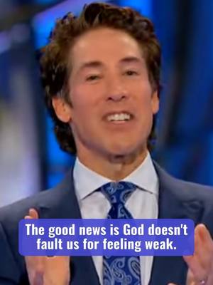 A man in a blue blazer and patterned tie is centered, speaking with hands clasped. A text overlay reading 'The good news is God doesn't fault us for feeling weak' is in a purple rectangle at the bottom.