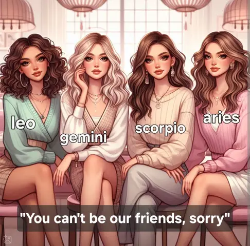 An AI-generated image of four cartoon women, seated and facing forward. From left to right, they represent Leo, Gemini, Scorpio, and Aries, each identified by a white caption overlaid on the image. The women have stylized features, with long, flowing hair, and are dressed in fashionable outfits. They're positioned in a setting that suggests a cafe or lounge, with soft lighting and subtle background details. Text on the lower part states "You can't be our friends, sorry".