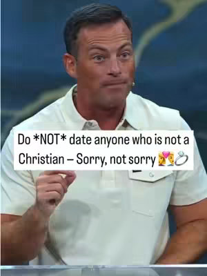 A man in a light-colored collared shirt is facing the camera with a slightly concerned expression. Text is overlaid at the bottom, starting with "Do *NOT* date anyone who is not a". The background appears to be a stage setting with soft lighting and neutral tones.