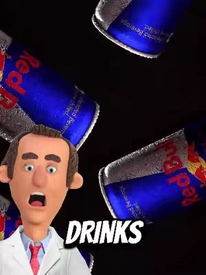 The cover image shows a 3D animated doctor with a surprised expression in front of several cans of Red Bull energy drink, set against a black background. The words 'DRINKS' appear in a white, outlined font at the bottom.