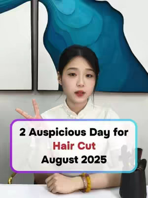 A woman in a white collared shirt sits in front of a neutral background. She gestures with two fingers pointing up. A colored box with text indicating hair cut days in August 2025 is overlaid on the image, giving astrological tips.