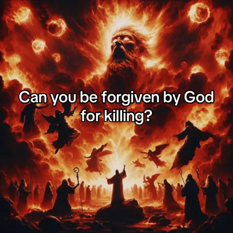 The image features an illustration of a divine scene with a fiery, red background. In the center, a radiant figure, possibly a deity, appears to be emerging from a cloud of flames. Below, silhouettes of figures are gathered, and the text overlay poses a question about forgiveness.