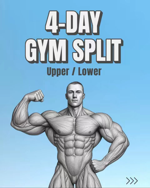 The image features a grayscale illustration of a muscular human form flexing an arm, set against a light blue gradient, and includes large, bold text above, announcing '4-DAY GYM SPLIT' with the additional text 'Upper / Lower.'