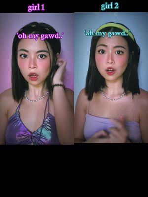 A split-screen image featuring a woman in two different outfits, each on one side. The woman has fair skin, dark hair, and is wearing makeup. On the left, she wears a purple halter top, while on the right, she wears a light purple tank top. Overlaid text reads, 'girl 1' and 'girl 2' at the top, and 'oh my gawd..' in both sections below.