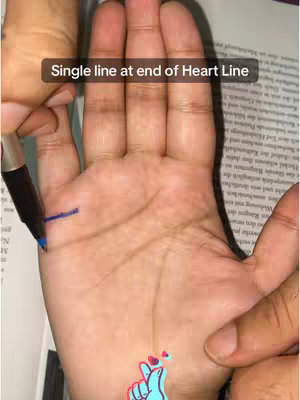A hand with visible palm lines is shown, with a pen drawing a blue line at the end of the heart line. The background includes a blurred image and text.