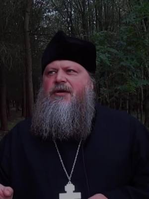 A medium shot shows a man with a long, gray beard wearing a black hat and clerical clothing, standing in a forest setting. The background features blurred green trees, and the man is looking slightly off-camera, speaking.