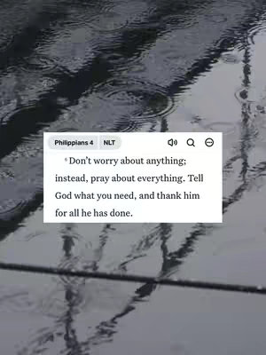 The cover image is a moody, close-up shot of a surface reflecting water, likely raindrops. The surface is dark gray or black, and the reflections create a blurry, textured effect. Overlaid on this background is a white box containing text from Philippians 4:6, with the text aligned to the left.