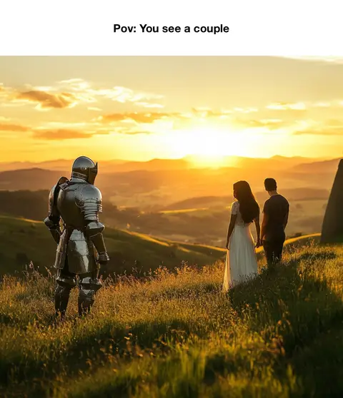 The image shows a sunset over a grassy hill. In the foreground, a knight in full armor stands with his back to the viewer, gazing at a couple walking hand-in-hand towards the horizon. The sky is filled with warm orange and yellow hues.