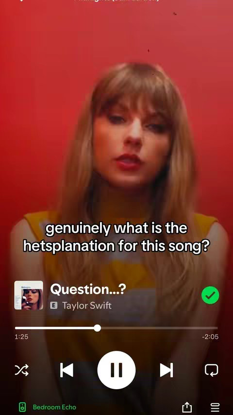 The cover image is a vertical shot featuring a woman in front of a rich red background. The woman, likely the creator, has fair skin, long blonde hair with bangs. She looks directly at the viewer with a neutral expression. Overlayed in the center is text in a white font. The lower part of the image includes the music player interface, showing the name of a song and the artist, with controls like play/pause and a progress bar. The overall composition is simple, focusing on the person and the overlayed text.