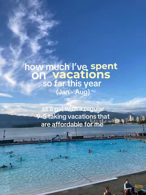 The image features a clear, blue sky above a large outdoor swimming pool, with a background of a city skyline, mountains, and clouds. In the foreground is the pool with people in the water, and text overlays in white font, which lists the vacation costs. The image is a serene scene that merges a vacation setting along with the financial-related content.