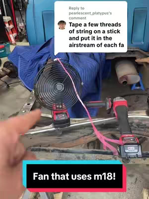 The cover image shows a person's hand pointing at a fan, which appears to be connected to a power source on a work bench. The fan's casing is black and red. Text is overlaid to the image in the bottom, showing "Fan that uses m18!".