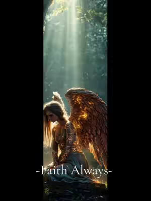 The image features a digital illustration of a woman with angelic wings sitting in a forest clearing. Beams of sunlight stream down through the trees, highlighting the woman and her surroundings. The woman is positioned in the bottom center of the frame, with a focused expression. The overall composition is balanced, with light and shadows creating a sense of depth and ethereal beauty.