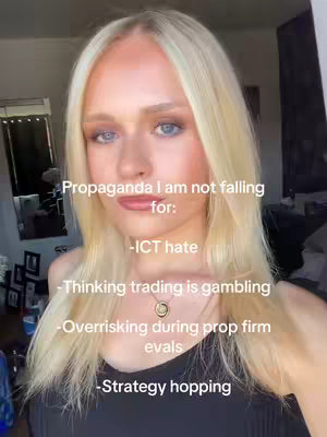 A selfie-style shot featuring a woman with blonde hair and blue eyes. Text overlays list several bullet points in a casual font. The background is softly lit with hints of a room.