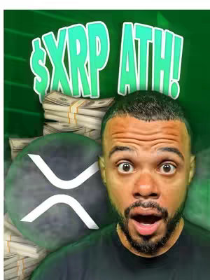 The cover image showcases a man with a surprised expression, set against a green background. Overlayed on the image is a logo with the text '$XRP ATH!' in a bubble style font. The background also includes a stack of money and a large XRP logo.