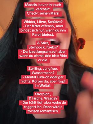 A selfie-style video cover image featuring a woman with long, dark hair. She's positioned from the chest up, and her face displays an open-mouthed expression of surprise or excitement. Overlayed on the image are several red text boxes, each containing text related to astrological signs and relationship advice.