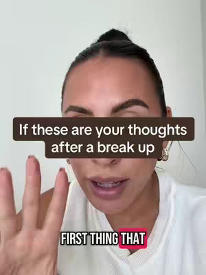 A woman faces the camera slightly off-center, her expression engaged. She wears a white top, and her dark hair is pulled back. A rectangular text overlay in a dark brown shade covers the top part of the image, with the text "If these are your thoughts after a break up" in a light-colored font. Below, another text box in red states, "FIRST THING THAT".