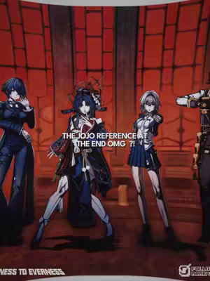 An anime-style artwork with a red background. Four characters are in the scene, with text overlayed in the center.