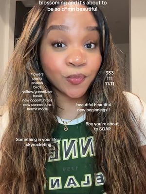 A selfie-style shot featuring a young woman with long, highlighted hair and a light-colored top. She's styled for a makeup shoot and has several text overlays, including phrases like 'flowers, plants', '333, 111, 11:11', and 'beautiful beginnings'.