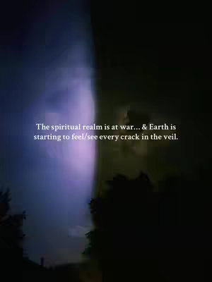 An abstract nighttime scene with a blurred, dark background. A vertical streak of bright blue-purple light dominates the left side, resembling a celestial formation or a light beam in the sky. Overlaid on this vibrant light is white text. The overall composition suggests mystery and otherworldly themes.