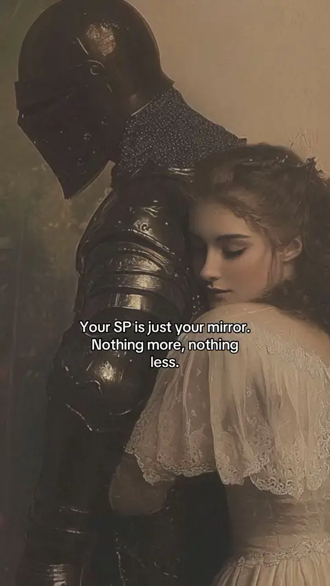 The image features a woman in a white, lace-adorned dress embracing a figure clad in dark, medieval armor. The woman's face is partially visible, gazing downward in a contemplative expression. The armor is detailed, with a helmet partially obscuring, suggesting a knight or historical figure. The background is desaturated.