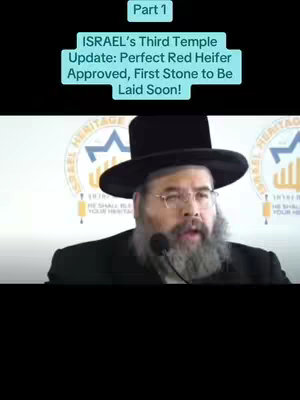 The cover image presents a man with a beard and a hat speaking into a microphone. Above him is a text overlay within a light blue rectangle, announcing an update on Israel's Third Temple, mentioning a perfect red heifer and the soon-to-be-laid first stone. The background features a logo and some text. The image is lit well and has a professional feel.