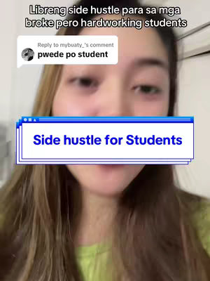 A medium shot features a young woman with long, light brown hair. The focus is on her face and torso, placed against a neutral background. In the foreground a text overlay says, 'Side hustle for Students', in white text within a blue window.