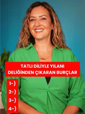 A medium shot features a woman with wavy blonde hair, smiling broadly. She wears a green collared shirt and a gold necklace. A red banner with white text covers the lower part of her torso. The background is a solid teal color. To the left is a hint of green plant.