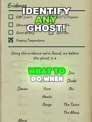 The cover image is a screenshot of a game interface, likely from the game Phasmophobia. The layout resembles notes or a checklist, with text overlaid, providing tips or instructions related to identifying ghosts in the game. A checkbox is marked for "Freezing Temperatures" to the left of the main text. The text overlay uses bold white and green fonts to highlight key information. The background has a parchment paper texture.