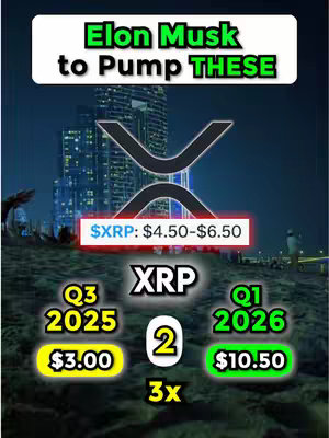 The image is a vertical graphic with a cityscape background at night. In the foreground is a large, stylized XRP (Ripple) cryptocurrency logo, which is a black and white interlocking design. Above the logo, in a white rectangle with a black border, reads "Elon Musk to Pump THESE" in green and black text. Below the logo is a smaller rectangle in pink with "$XRP: $4.50-$6.50" in the blue text. Below the XRP logo, white text says "XRP".  Further down on the left side is a yellow rectangle reads "Q3 2025 $3.00", in white text. The right side has a green rectangle containing, "Q1 2026 $10.50" in white. In the center, between those, is a number "2" inside of a white circle. Below the number is "3x", in red text.