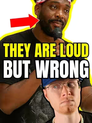 The cover image features two men in a split-screen composition. The top half shows a Black man, holding a microphone, with a red arrow pointing towards his neck. He's framed against a yellow glow.  The bottom half displays a man with glasses and a blue hat, looking up. Text overlayed on a bold black background reads 'THEY ARE LOUD BUT WRONG'.