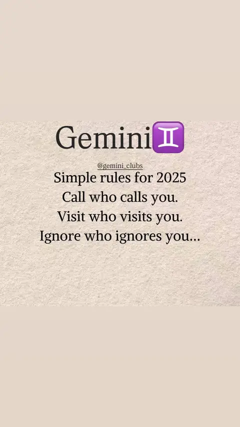 The cover image features a textured, light-brown background with stylized text and a purple Gemini symbol. The word "Gemini" is prominently displayed at the top. Below, the text provides simple rules for the year 2025: "Call who calls you. Visit who visits you. Ignore who ignores you..."