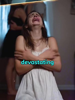 The image shows a woman in a white dress, crying and hugging herself tightly, with the word 'devastating' overlaid. Two blurry figures are behind her, suggesting a scene of emotional distress or revelation.