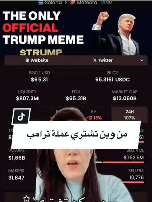 The cover image features a woman speaking while the content from a crypto application and a picture of Donald Trump are displayed in the background. Text overlays include a title, price details, and statistics related to a cryptocurrency called 'TRUMP'.
