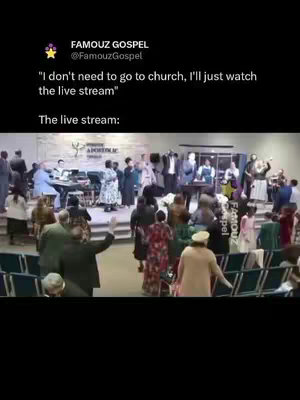 A video shows a live stream of a church service, with people, including ministers and musicians, in a large room, with the hook text overlayed.
