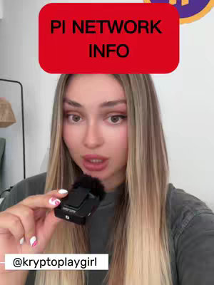 A woman with long blonde hair is holding a black microphone. Above her head is a red rectangle with the words "PI NETWORK INFO" in white text. She's looking directly at the camera.
