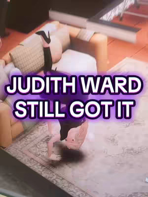 A screenshot from The Sims 4 showing the character Judith Ward in an upside-down pose, with the game environment and a text overlay.